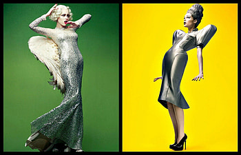 Coco Rocha, by cehenot, black, blonde, stiletto, glitter, angel, dress, collage, wings, white, model, girl, shoe, woman, fantasy, green, yellow HD wallpaper