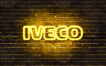 Iveco yellow logo, , yellow brickwall, Iveco logo, cars brands, Iveco neon logo, Iveco HD wallpaper
