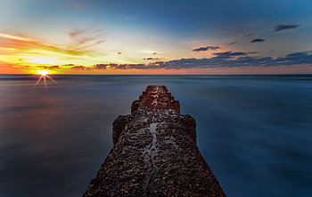 Sea, Nature, Sunset, Horizon, Breakwater HD wallpaper