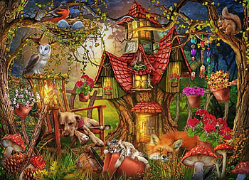 Sleep time, dog, animal, bird, art, house, cat, veverita, owl, fox, pisici, painting, pictura, forest, squirrel, caine, sleep HD wallpaper