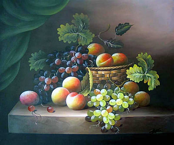 By Davidovic Mile, basket, table, painting, art, davidovic mile, grape, fruit, apple HD wallpaper