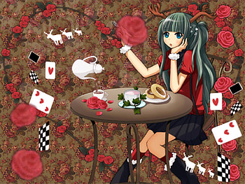 Hatsune Miku, awesome, dessert, nice, animals, hatsune, twintail, girl, singer, aqua, blackjack, tea set, cards, anime, pretty, virtual, colorful, black, song, tea, cute, vocaloid, beauty, rose, miku, music, reindeer, vocaloids, thighhighs, program, skirt, table, gamble, beautiful, diva, food, aqua hair, red, cool, flowers, red rose, idol, heart HD wallpaper