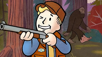Fallout 76 — Vault Boy vs. Sasquatch, Video Game, Hunter, Rifle, Bigfoot, Forest, Cartoon HD wallpaper