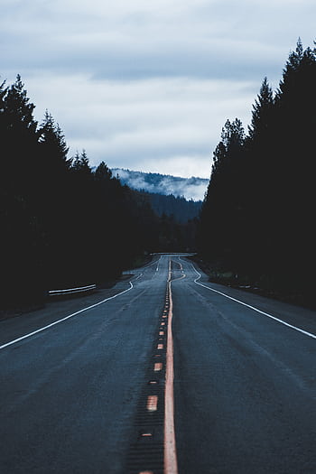 A tranquil empty road leading through Oregon's misty forests under a cloudy sky. HD phone wallpaper