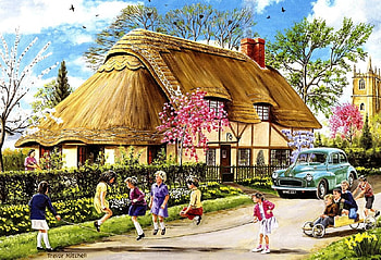 Summer Cottage, artwork, children, car, house, vintage HD wallpaper