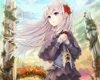 fallens, sweet, cute, girl, pink hair, long hair, dress, anime girl, rose, anime, petals, flower, blossom, female HD wallpaper
