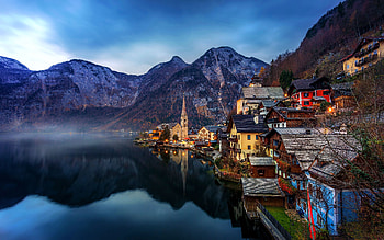 Hallstatt, Austria, evening, lake, clouds, mountains, alps, village HD wallpaper