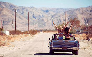 Girls, girls, girls, blue, cowgirl, car, girl, woman, summer, swimsuit, road, hat HD wallpaper