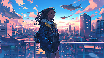 Black Anime Girl in Futuristic Cityscape, Anime, black anime, anime girl, skyline, fantasy, fantasy anime HD wallpaper