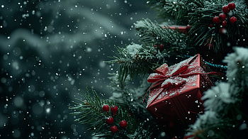 Christmas Gift Amidst Snowy Pine -, Christmas, snow, gift, pine HD wallpaper