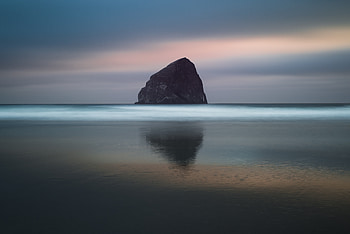 Rock, sea, horizon, sunset, nature HD wallpaper