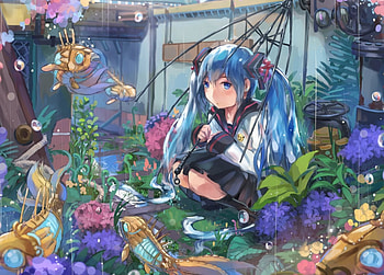 ~Rainy Days~, blue eyes, plants, hatsune miku, blue hair, vocaloid, anime, flowers, fish, bubbles HD wallpaper