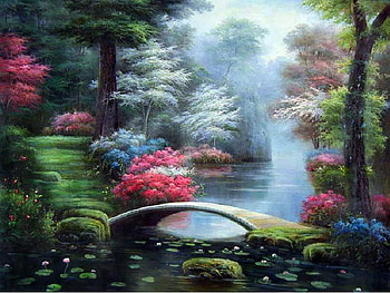 Bridge of Beauty, beauty, pads, bridge, trees, nature, flowers, sky, water, lotus HD wallpaper