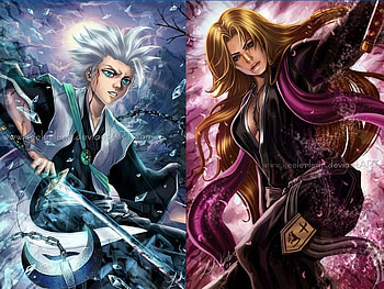 Toushirou & Rangiku, kimono, toushirou hitsugaya, necklace, long hair, shinigami, bleach, moon, matsumoto rangiku, short hair, blonde hair, rangiku matsumoto, toushirou, blue eyes, soul reapers, hitsugaya toushirou, rangiku, weapons, swords, anime, white hair, cool, clouds, ice, spiky hair HD wallpaper