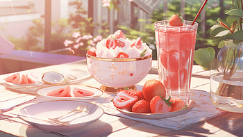 Strawberry Dessert, strawberry, food, cute, aesthetic, Anime, cute anime, aesthetic anime HD wallpaper