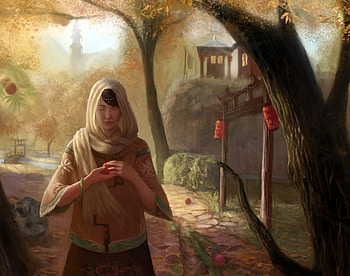 Tribute, lanterns, trees, road, woman, village HD wallpaper