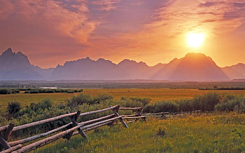 Sunset at Grand Tetons, Wyoming, fence, landscape, sky, mountains, sun, usa HD wallpaper