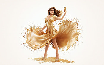 Kelly Brook, golden, white, model, girl, actress, dress, AurumLight, woman, liquid, creative, fantasy, The HTC One M9 HD wallpaper