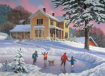 Skating Together, artwork, winter, children, painting, house, snow, tree HD wallpaper