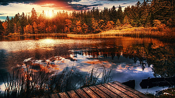 Switzerland, Lake of Gruyere, clouds, autumn, trees, sky, water, sun, reflections, sunset HD wallpaper