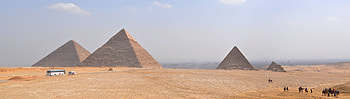 The Pyramids Of Giza, Giza, panoramic, sand, architecture, graphy, pyramids, ancient, Egypt, desert HD wallpaper