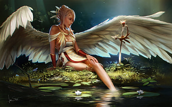 Good Angel, feathers, angel, long hair, dress, lady, abstract, blonde hair, fantasy woman, female, golden, wings, white, grass, lake, woman, lotto flowers, fantasy, swoord, green, weapon, flowers, forest HD wallpaper