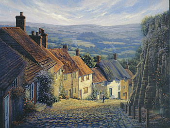 Home to Gold Hill, hills, chimneys, houses, cobblestones, roof, lady, flowers, sky, hill HD wallpaper