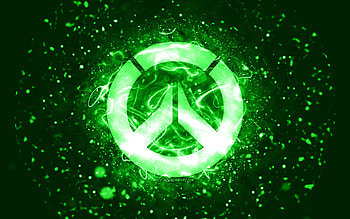 Overwatch green logo, , green neon lights, creative, green abstract background, Overwatch logo, online games, Overwatch HD wallpaper
