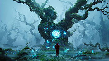 Enchanted Grove: Magic Awakens in the Ancient Fantasy Forest, fantasy, tree, magic, person HD wallpaper
