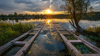 Beautiful Scenery Grass Field Lake Trees Under White Clouds Sky During Sunset Reflection On Water Nature HD wallpaper