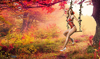 Sexy Model on a Swing, sexy legs, outdoors, femininty, Model, red passion, swing, Colorful HD wallpaper