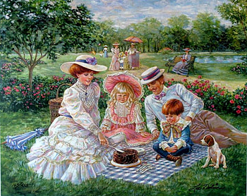 Days Remembered, dog, artwork, children, parents, painting, vintage, picnic HD wallpaper