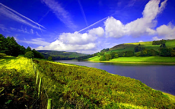 landscape, graphy, green grassnature, nice, tree, lake, clouds, sky HD wallpaper