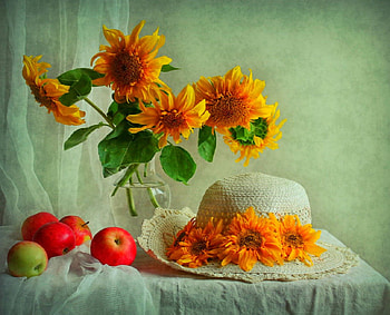 Still life, table, apples, vase, flowers, fruits, hat HD wallpaper