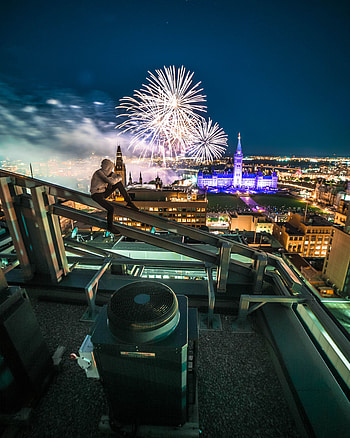 View From Above, Silhouette, Miscellanea, Miscellaneous, Night City, Overview, Review, Roof, Fireworks, Firework HD phone wallpaper