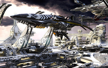 docked ship, buildings, ships, hangars, city, clouds, cargo HD wallpaper