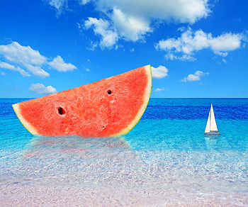 Giant slice of watermelon, blue, sea, ship, situation, slice, watermelon, summer, creative, fantasy, red, fruit, funny, water, vara HD wallpaper