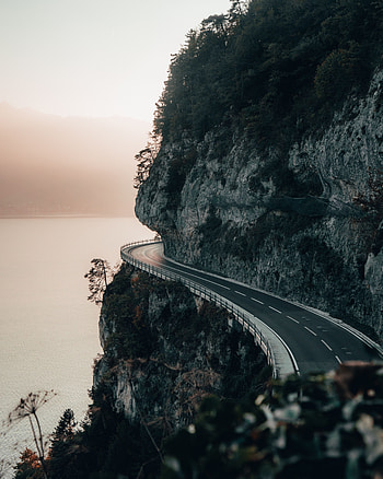 Nature, Sunset, Sea, Rock, Road, Precipice, Break HD phone wallpaper