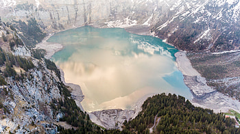 Lake, mountains, aerial view, trees HD wallpaper