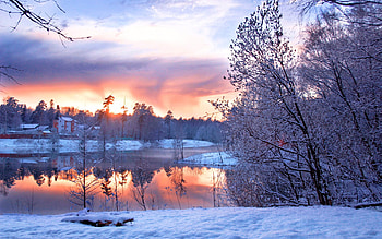 Winter Sunset, river, reflection, snow, trees, colors, sky, water HD wallpaper