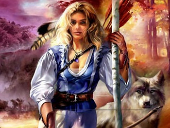 Companions, girl, wolf, hunter HD wallpaper