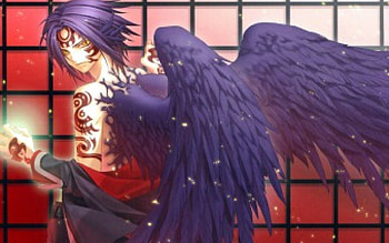 Angel, wings, tattoo, purple, feather, anime, boy, light, fighter, manga HD wallpaper