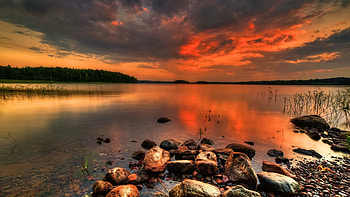 Stones Tag - Red Shore Amazing Beach Reflection Quiet Sky Sunset Nice Beautiful Mirrored Calm Stones HD wallpaper