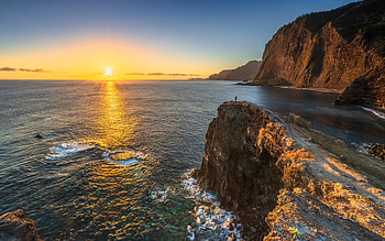 Faial, ocean coast, sunset, Mirador de Guindaste, evening, Atlantic Ocean, mountains, rocks, Portugal HD wallpaper