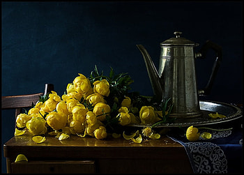 still life 1, art , still life, table, yellow, flowers, iron, pot, nice HD wallpaper