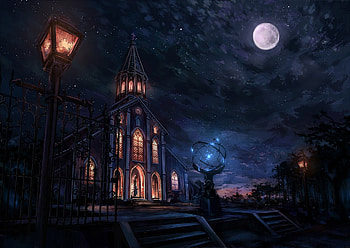 Moonlite Church, windows, moon, light, church, dark HD wallpaper