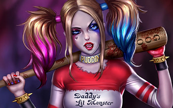 Harley Quinn, blue, pink, fantasy, red, game, girl HD wallpaper