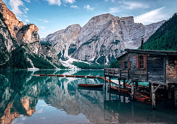 Landscape, Nature, Mountains, Boats, Lake, Small House, Lodge, Journey HD wallpaper