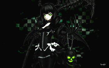 Dead Master, black, boob, skull, solor, checkered board, growing green, female, bow, breasts, sexy, gothic, thighhigh, drill hair, alone, smile, hot, black rock shooter, black hair, dark, chain, anime girl, scythe, claws, cool, green eyes HD wallpaper