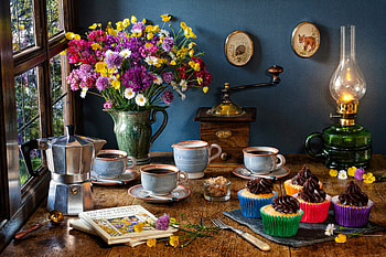 Still life, Mug, Flowers, Cupcakes, Window, Cup HD wallpaper
